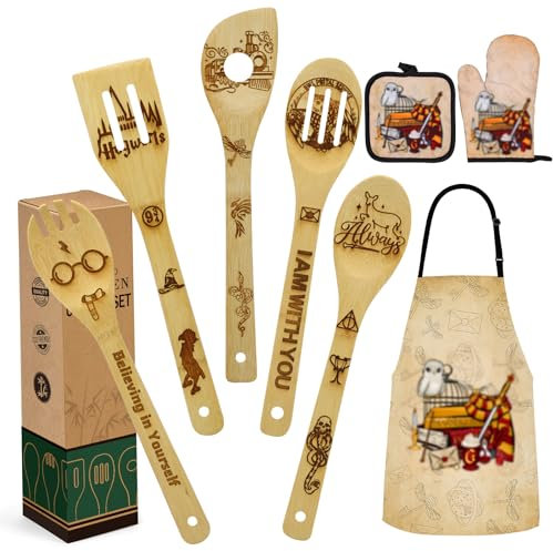 Geschenke Zum Muttertag für Mama Personalisiert, Wooden Cooking Spoons Bamboo Kitchen Cooking Utensils Set with Apron Oven Mitt Potholder Set, Christmas Kitchen Cookware Gifts for Cooking Lovers