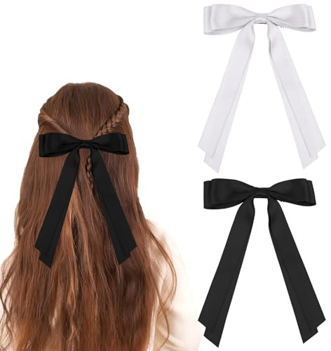 2 Stück Seidige Satin-Haarschleifen Haarklammer Mit Langen Schwanz Haarschmuck Haarschleife Damen Hair Bow Clip Für Party, Weihnachten (Schwarz, Weiß)