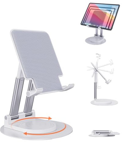 BHHB Soporte Tablet, Soporte Tablet Mesa Ajustable con Base Giratoria de 360 Grados, Soporte Tablet Ajustable para iPad/Pro/Air/Mini, iPhone, Huawei, Galaxy, Kindle,Smartphone 4,7 - 15,6 - Blanco