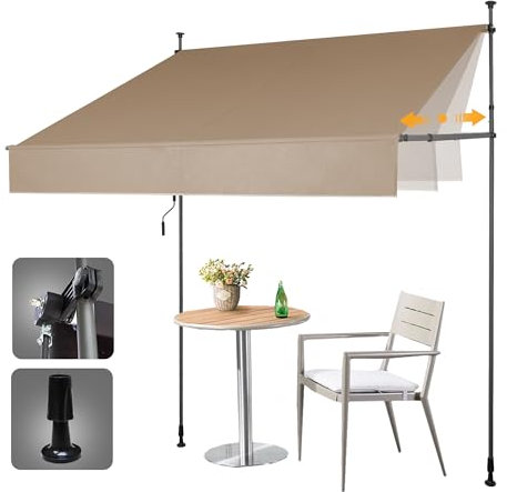 HOMEDEMO Klemmmarkise Markise Balkon ohne Bohren, 350cm x (120-150) cm Khaki, Upgrade Patent mit Verlängerten Einziehbaren Seitenstangen, UV-beständig Balkonmarkise höhenverstellbar Sonnenschutz