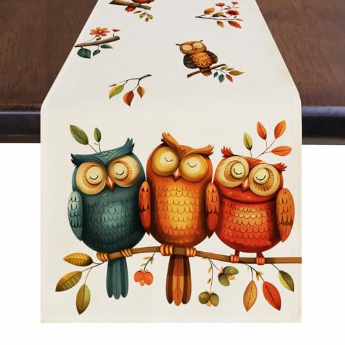 CAKAWIND Tischläufer mit bunten Eulen, 182,9 cm lang, Kommode, Esstischläufer, Bauernhaus für Frühling, Sommer, Herbst, Couchtier, Tischläufer für Dekorationen, Zuhause, Partys, Hochzeiten, Feiertage,