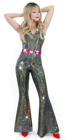 Muztagata Disco-Outfit, 70er-/80er-Jahre, Abschlussball, glitzernd, ausgestellter Overall, Party, Kostüm, Halloween, Cosplay, für Erwachsene und Frauen, Schwarz , 36