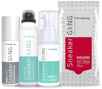 cleangang Premium Sneaker Reinigungsset, Reiniger, Spray & Deo, Tücher | inkl. Imprägnierspray & feuchte Reinigungstücher, Aktivschaum, Schutz vor Wasser & Schmutz, für alle Sneaker