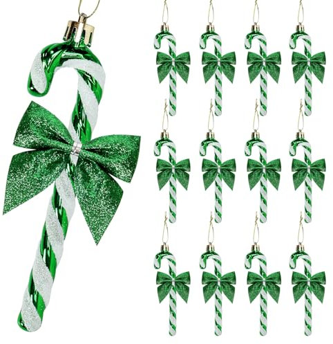 12 decorazioni natalizie a forma di bastoncino di zucchero, 14 cm, con glitter, per albero di Natale, da appendere, ornamento per feste, feste, decorazione per la casa (verde)