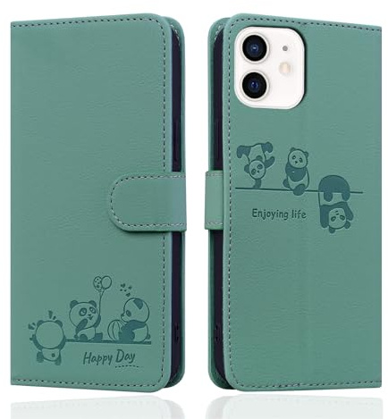 Butnyeoe for iPhone 12/12 Pro Flip Case with Card Holder, iPhone 12/12 Pro Wallet Case for Women, PU Leather Magnetic Book Protective Phone Cover, Cute Cartoon Panda Green