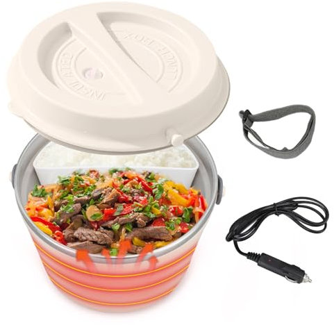 Scaldavivande Elettrico Portatile Serlium 1,2 litri Riscaldamento a 360° Plug and Play Lavabile Acciaio Inox 304 Portatile Scalda Vivande Schiscetta Pranzo per i Viaggi Auto Casa (12V)