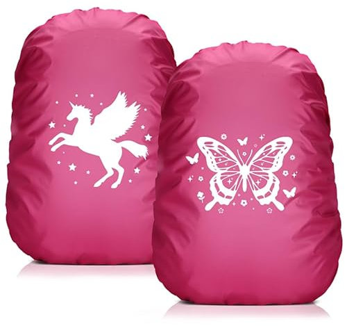 2 Stück Regenschutz Schulranzen, 35L Regenhülle Schulranzen mit Reflektorstreifen, Regenschutz Rucksack mit Einhorn und Schmetterlingsdruck für Kinder Outdoor Nacht Wandern Bei Regen und Schnee