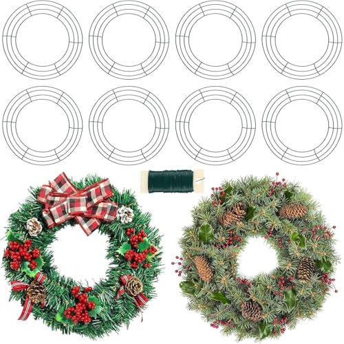 KAHEIGN 8Pcs Adventskranz Draht Kranz Ringe, 14 Zoll Draht Kranz Rahmen mit 35m Befestigungsdraht Kranz Herstellung Ringe Metall Kranz Rahmen für Weihnachten Neujahr Dekoration (Dunkelgrün)