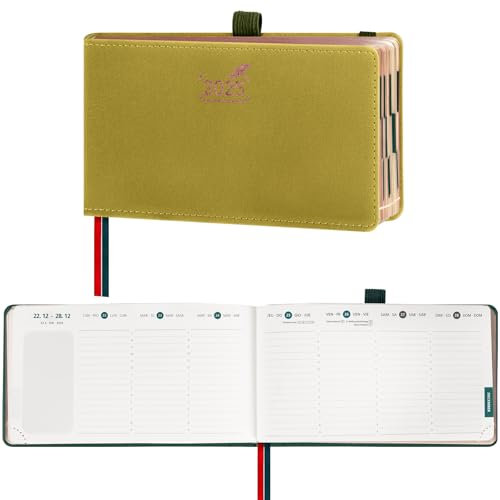 BEZEND Taschenkalender 2025 Klein Querformat 9 x 16,5 cm - Kalender 2025 Buchkalender Vertikal 1 Woche 2 Seiten - Terminplaner 2025 Wochenplaner mit Rose Gold Papierkante - Senf