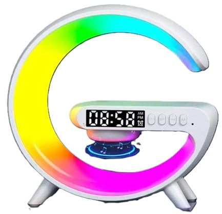 Atmosphere Lamp with 15W Wireless Charger Led Alarm Clock Dimmable Ambient Light Smart Table Lamp with Bluetooth Speaker Dazzling Running Lights 13 Modes Lights for Adults Kids Office Bedroom (White)