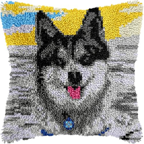 Kitquiver Diy Knüpfstern Husky-Hundetier, Häkel-Handarbeit, Basteln Mit Knüpfhaken-Werkzeug Für Erwachsene, Diy, Handgefertigte Heimkissen-Sets, Dekoration 17x17in