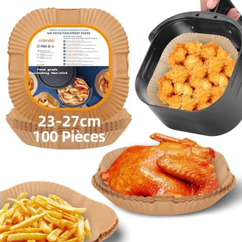 HONYAO Airfryer Backpapier 23x23 cm, Dickeres Eckig Papier für Heißluftfritteuse 7,5-10 L Quadrat 100 Stück Luftfritteuse Pergamentpapier Kompatibel mit Russell Hobbs, Cecotec, Princess XXL Air Fryer