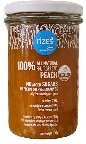 Rizes Greek Delicatessen Pâte à Tartiner 100% Naturelle aux Pêches - Sans Sucre Ajouté, Sans Pectine, Sans Conservateur, Paquet de 2 x 300 g (Total: 600 g)