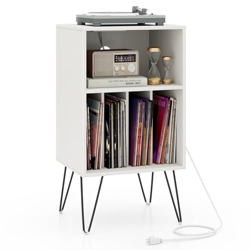 GIANTEX 3-stufiger Plattenspielerständer mit Ladestation, Schallplattentisch mit Regal und 4 abgetrennten Fächern, CD-Ausstellungsregal für Wohnzimmer, Schlafzimmer, 48 x 40 x 88 cm (Weiß)