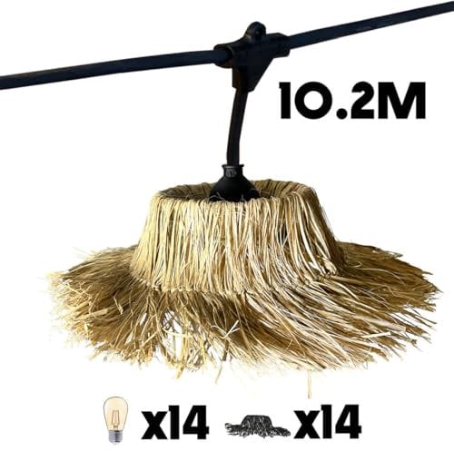 Lumisky Lichterkette für den Außenbereich, anschließbar, 10,2 m, mit 14 LED-Glühfaden, E27, Warmweiß, Tahiti Light, Lampenschirm aus Stroh, Boho-Stil