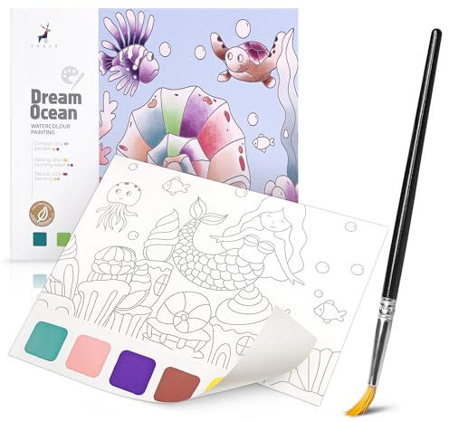 OVOISSTIY Malbuch Wasserfarben für Kinder, Aquarell-Malpapier 20 Seiten Ozean, Pocket Aquarell Watercolor Painting Book für Kinder von 8+ mit Wasserpinsel Stift, Geschenk illustrationserziehung
