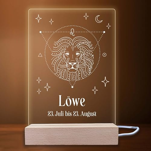 INDIGOS UG - LED Nachttischlampe - Sternzeichen mit Datum - Löwe - Symbol - Dekoration - LED-Lampe - Geschenk, Geburtstag, Weihnachten - Nachtlicht mit optionale Lampe warmweiß