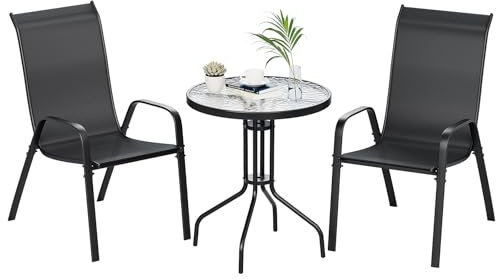 LIFERUN Juego de Muebles de balcón de 3 pcs, Juego de Muebles de jardín pequeño con Mesa Redonda (Vidrio Templado) + 2 respaldos Altos apilables (textileno y Metal) para terraza, balcón, jardín