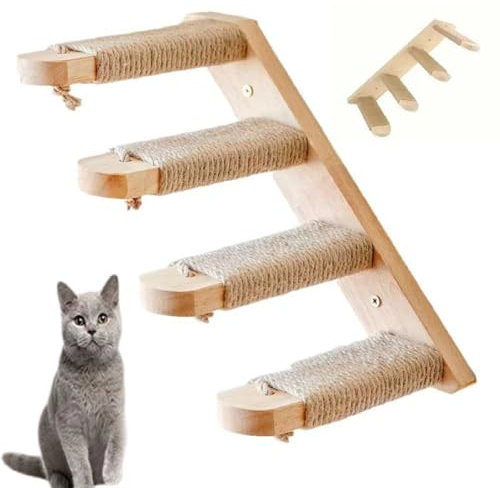 Shakub Kletterwand für Katzen, 4 Etagen Katzentreppe Wand, Katzen Katzenleiter aus Massives Gummiholz, Katzen Wand Klettern mit Juteseil für kratzen, Katze Klettern, Spielen, Faulenzen