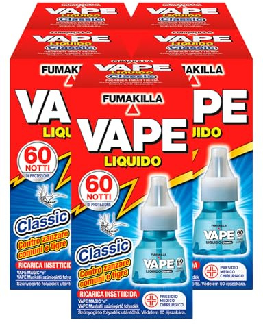 Ricarica Liquida Classic 60 Notti per Diffusore Elettrico Insetticida Vape | Contro Zanzare Comuni Tigre e Mosche Presidio Medico Chirurgico - 5 Confezioni