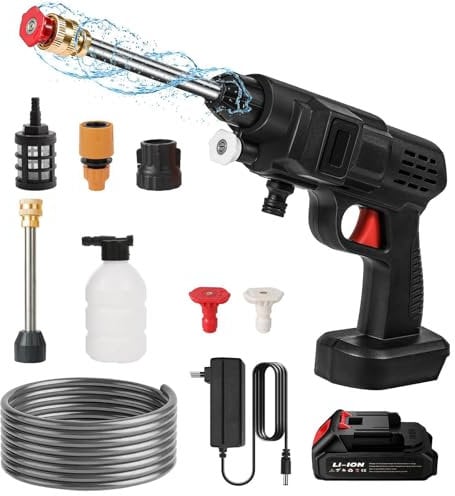 Nettoyeur Haute Pression sans Fil,21V Pistolet Haute Pression sur Batterie, avec DéBit éLevé De 10M,1200 Mah Pistolet à Eau, avec Conduite d'eau De 5M,Kit De Nettoyage De Jardin (1 Batterie)