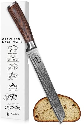 Wakoli EDIB Brotmesser mit Gravur, personalisiertes Damastmesser 20 cm, Geschenk für Kochliebhaber, extrem scharf, VG10 Kern, 67 Lagen, Pakkaholz Griff