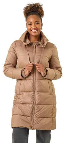 Roman Padded Coat for Women UK - Ladies Longline Puffer Winter Quilted Parka Waterproof Rainproof Wind Resistant Thermal Jacket Long Length Warm Zip Hood Puffa Cosy - Light Mocha - Size 20