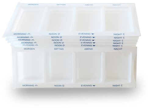 10 weiße XL Medikamentendispenser – Tablettenbox mit großen Fächern (Morgen, Mittag, Abend, Nacht) – Pillenbox Tagesdispenser mit Blindenschrift, Deutsch/Englisch, 10er Set (weiß)