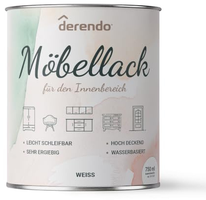 derendo Möbellack ohne Schleifen Weiss matt Holzlack für Innen 0,75l | Hochdeckend, Holzfarbe innen, Kreidefarbe für Möbel, Türen & Fronten, Strapazierfähiger Holzlack matt