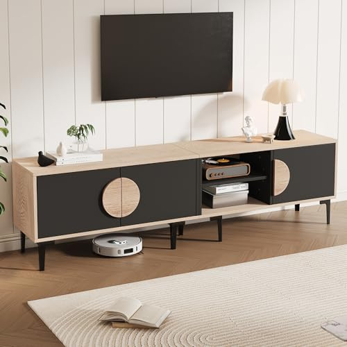 Merax TV-Schrank 180cm, Retro-Stil TV Lowboard mit 3 Kreative Falttüren, Offene Regale, TV-ständer für Fernseher bis zu 80 Zoll, Holz Fernsehschrank für Wohnzimmer, Esszimmer, Naturholzfarbe & Schwarz