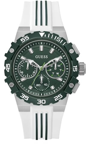 Guess Fore Herren Uhr 42,5 mm Edelstahl – Quarz Analog Armbanduhr Silikonarmband Weiß, Sportuhr Herrenuhr Grün mit Datum Leuchtzeiger, 5 bar GW1059G1