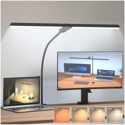 BrightWish LED Desk Lamp- 68.5CM Double Head Desk Light with Clamp- 4 Colour Modes 3 Brightness Levels Touch Control - Table Lamp for Office Reading Drawing Study Nail Crafts - USB Powered