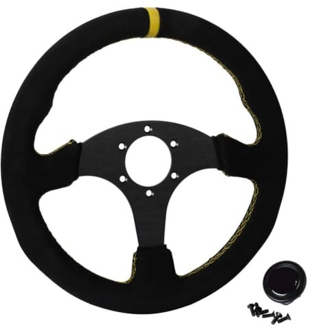 xNRfmHMzc 330mm Flat Steering Wheel Suede Aluminum Frame 13 Inch Drift Racing Pc Game Steering Wheel Compatible With Universal Gaming Controllers(6028BK-MS-YL-YL)
