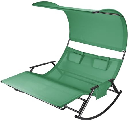 Eikuavons Doppelliege Outdoor, 2-Personen Schaukelliege mit 250 kg Tragkraft, Sonnenliege mit Sonnendach, Tasche und atmungsaktivem Gewebe, Grün für Garten, Balkon, Terrasse