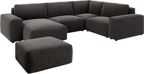 DELIFE Wohnlandschaft Lanzo Mikrofaser Schwarz 300x210 cm Recamiere variabel mit Hocker