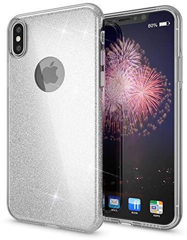 NALIA Glitzerhülle für iPhone X/XS - Grip - Hülle, Silber | Partikel fest im Material eingeschlossen, 3-Schicht-Schutzaufbau mit Hardcase-Kern, Erhöhter Kamerarand, SHINEPOP
