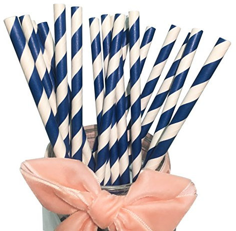 Blau gestreifte Papierstrohhalme, marineblaue weiße Strohhalme, biologisch abbaubar, langlebig, Wirbel, Retro, marineblaue Streifen, Trinkhalme für Limonade, Wasser und Saft, Anker nautische