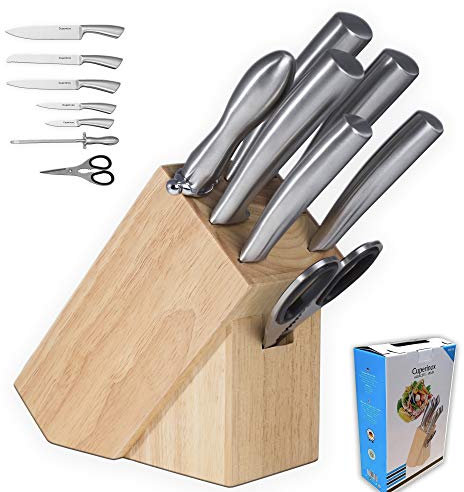 Set Couteau Cuisine, Bloc de Couteaux Professionnels, Lot de Couteaux en Acier, Couteaux de Cuisine avec Bloc en Bois, Jeu de 7 Couteaux