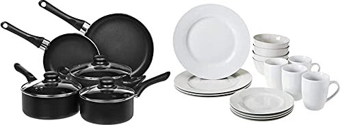 Amazon Basics - Vajilla para 4 personas (16 piezas) + Juego de utensilios de cocina antiadherentes, 8 piezas