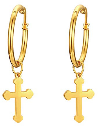 JewelryWe Schmuck Herren Damen Ohrringe, Poliert Kreuz Creolen Ohrstecker, Edelstahl, Gold