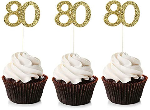 Unimall Global 24 Stück Gold Glitter 80th Cupcake Toppers 80. Geburtstag Cupcake Picks Kuchen Picks Party Dekorationen