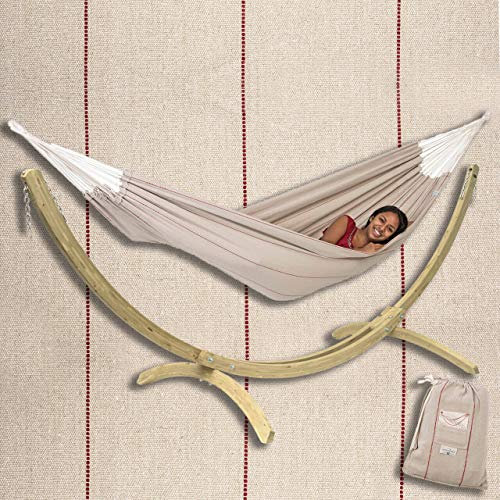 XL Hängematte mit FSC Holz-Gestell KOMPLETT-SET ? 3 Personen bis 200 kg | Amazonas Arte SAND Creme-Beige + Olymp NATUR