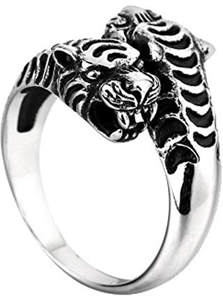 HIJONES Herren Jahrgang Öffnen Doppelt Tiger Tier Ring aus Edelstahl Einstellbar Größe 65