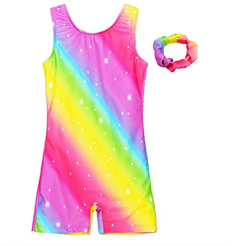 MODAFANS Gymnastikanzug für Mädchen, Gymnastik mit Shorts, Tanz, Regenbogen, Leopardenmuster, passendes Haargummi für 3–9T - - 8-9 Jahre