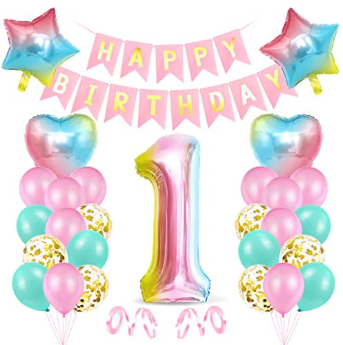Luftballon 1 Geburtstag Rosa, Geburtstagsdeko 1 Jahr Mädchen, Riesen Folienballon 1 Rosa, Deko 1 Geburtstag Mädchen, Ballon 1 Deko zum Geburtstag, Bunt Folienzahlen Ballons 1, Banner