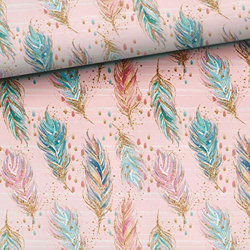 Keine Meterware, Stoffe zum Nähen, Stoff für Kinder und Damen, 100% Baumwolle: 0,5m Boho Baumwollstoff mit Federn - rosa pink mint blau gold - Frauen Mädchen Stoff