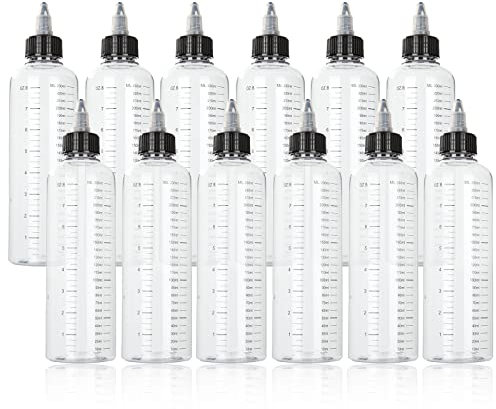 STARVAST 12 botellas de distribución de 250 ml graduadas con tapón de torsión negro, botellas de compresión de plástico con escala para líquidos, los citos, los aceites
