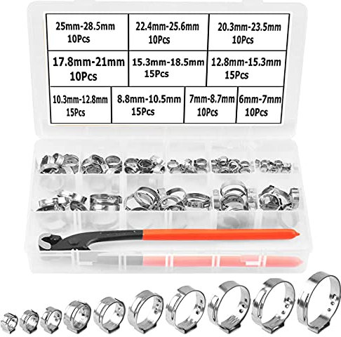Alfykym 131 Stück 1/4 Zoll - 2,5 cm Einohr-Schlauchschellen mit Ohrklemmenzange, PEX-Cinch-Klemmen, Edelstahl, stufenlose Cinch-Ringe, Crimp-Schlauchschellen, Sortiment-Set (10 Größen 6–28,5 mm)