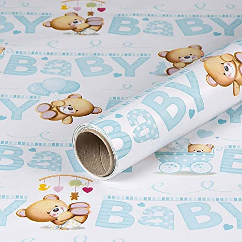 Geschenkpapier Hellblau mit Teddys, Kindergeburtstag, Babyparty, 0,70 x 10 m
