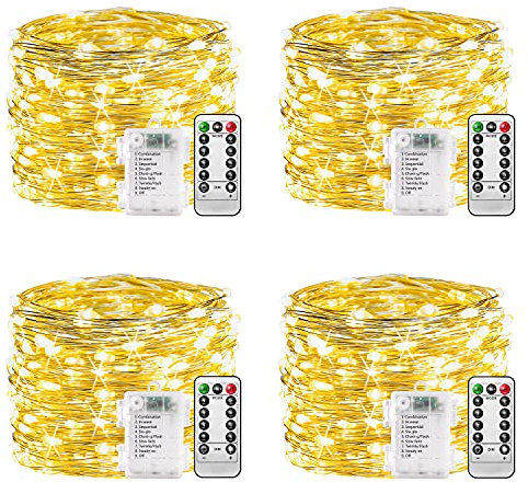Battery Fairy Lights - 4 Pack, 10m 100 Led Copper Wire Fairy Lights, 8 Modes Remote Control Timer, Waterproof String Lights Battery Operated, Christmas Decoration Indoor Outdoor. (Warm White, 33ft)